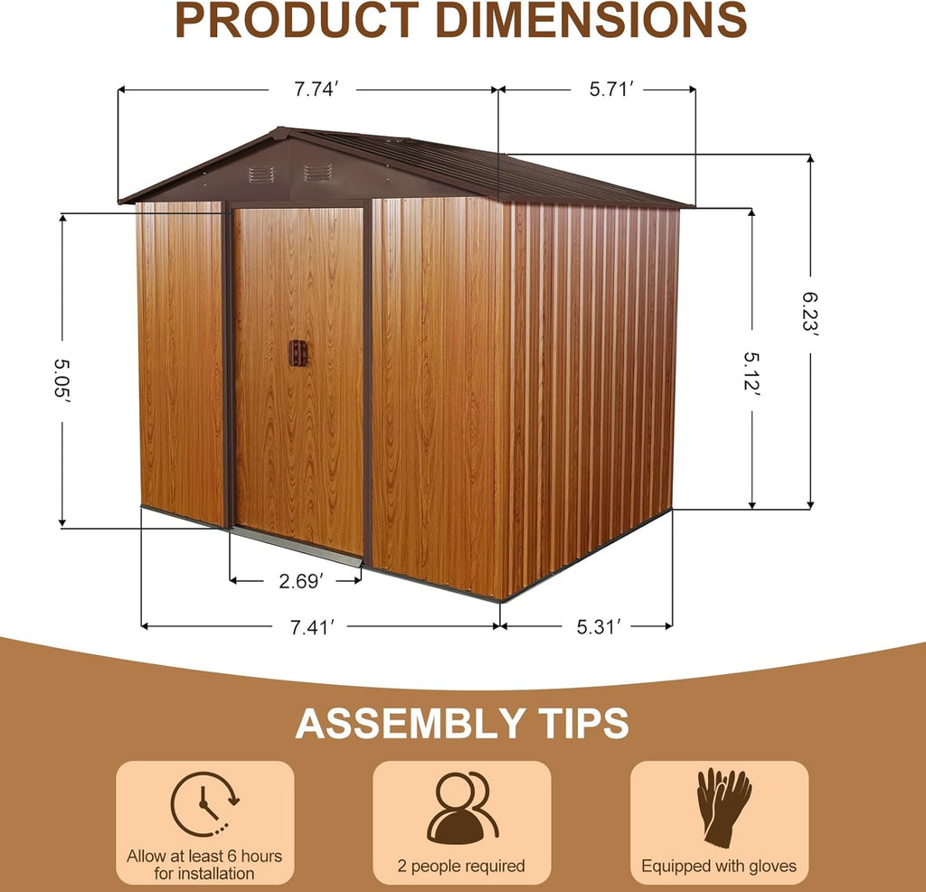 6x8 FT Outdoor Storage Shed, Metal Garden Shed with Frame Floor, Outside Tool Shed with Lockable Sliding Doors, Waterproof Storage Building with Sloped Roof for Backyard, Patio, Lawn, Coffee