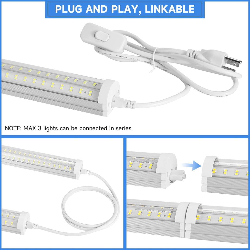 8FT U Shape 125W Integrated Tube Bright LED Light, 6500K Clear White, 20000LM - Flush Mount/Hanging Linkable LED Ceiling Lights for Garage, Plug&Play, 6 Pack