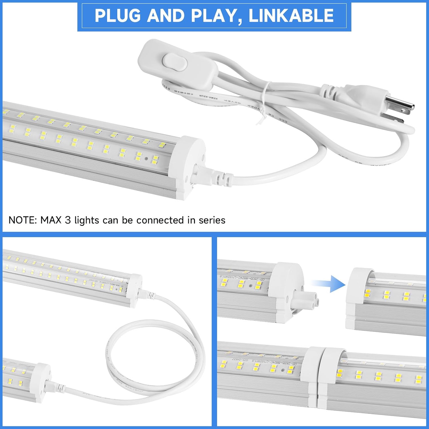 8FT U Shape 125W Integrated Tube Bright LED Light, 6500K Clear White, 20000LM - Flush Mount/Hanging Linkable LED Ceiling Lights for Garage, Plug&Play, 6 Pack