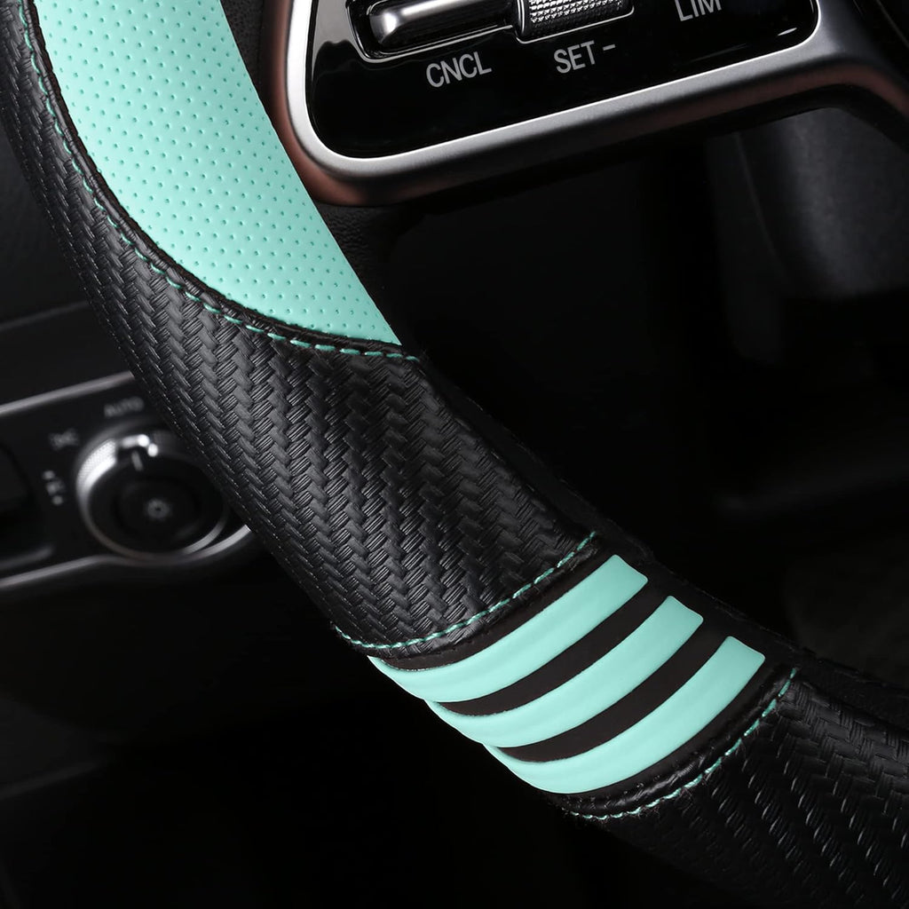 Car Steering Wheel Covers for Women Girl Padded Carbon Fiber PU Leather Cute Cartoon Auto Interior Accessories for Jeep, Truck, Universal, Anti Slip, Green, Large Size 15.5-16"(39-41cm)