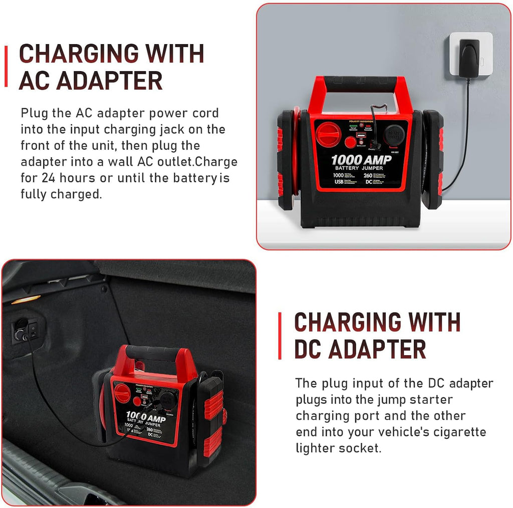 Car Battery Jump Starter with Air Compressor 1000Amp Portable Jump Starter(Satisfy 5L Gas/Diesel),12V Car Battery Charger with 260PSI Tire Inflator, Jumper Cable with USB/DC Port