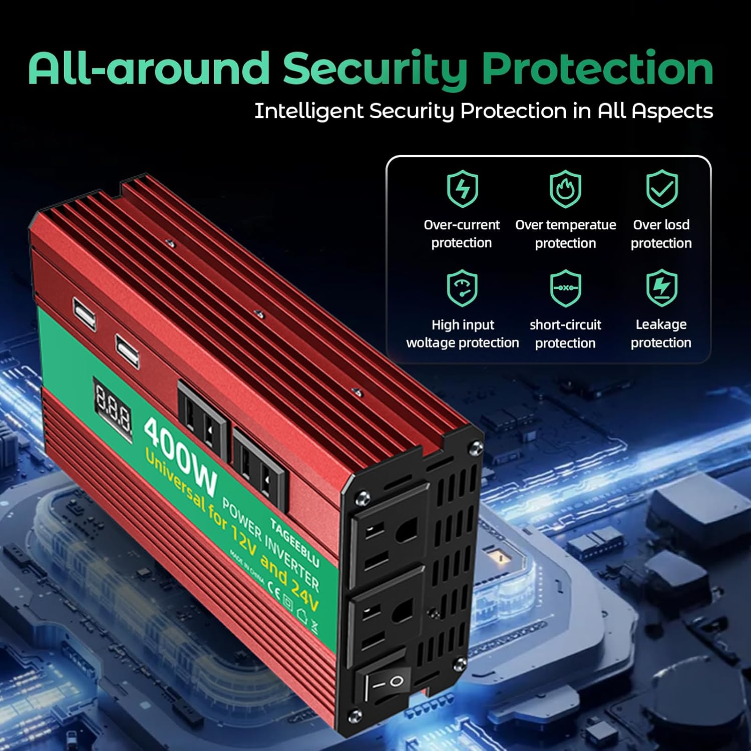 400W Power Inverter, DC 12V/24V to 110V AC Car Inverter for Truck, Home, Vehicles, Laptop, Trip