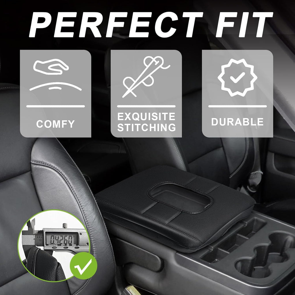 Muslogy Center Console Armrest Cover Compatible with Chevy Silverado & GMC Sierra 2014-2018 Comfort Armrest Pad Arm Rest Cushion Vegan Leather Protector Regular Thick(Jump Seat ONLY)