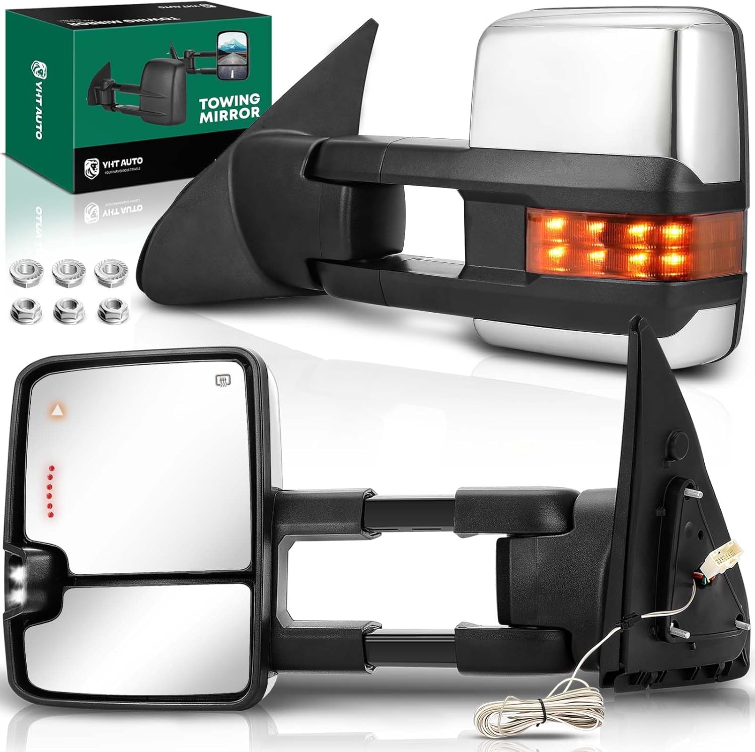 YHTAUTO Power Adjusted Heated Towing Mirrors Fit Toyota 07-21 Tundra, 08-17 Sequoia, Arrow & Turn Signal & Backup Running Light, w/Blind Spot Detection, Telescoping Driver Passenger Side Car Mirrors