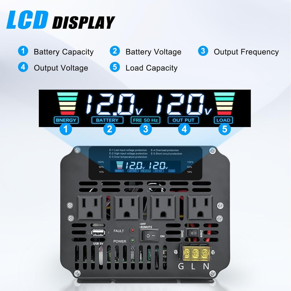 5000W Power Inverter 12V to 110V/120V DC to AC with LCD Display, Remote Controller and 4 x AC Outlets Car Adapter for Car Truck Boat RV Off Grid Solar System