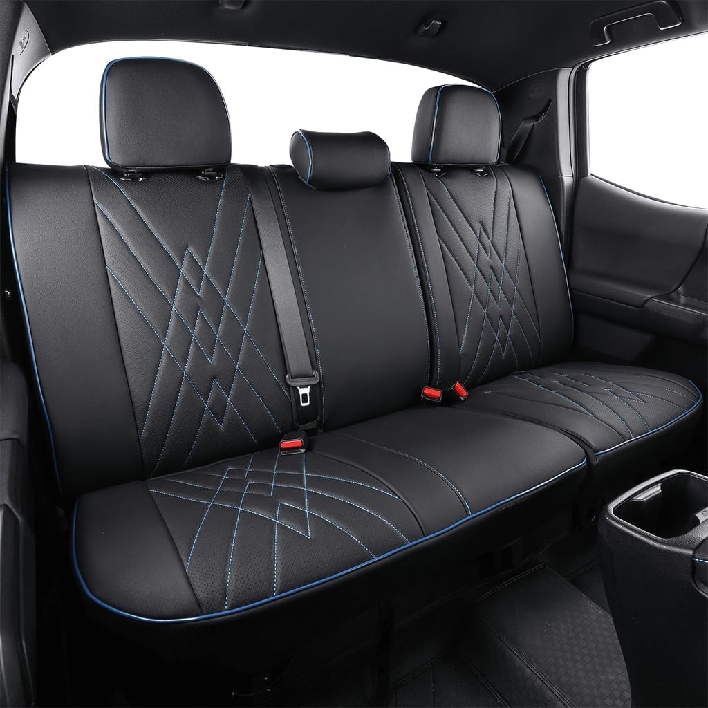 EKR Tacoma Back Seat Covers Custom for Select Toyota Tacoma (Hybrid) 2024 2025 Double cab TRD Sport,TRD Off-Road,Limited,Trailhunter- Second Row Only,Leather (Black with Blue Trim)