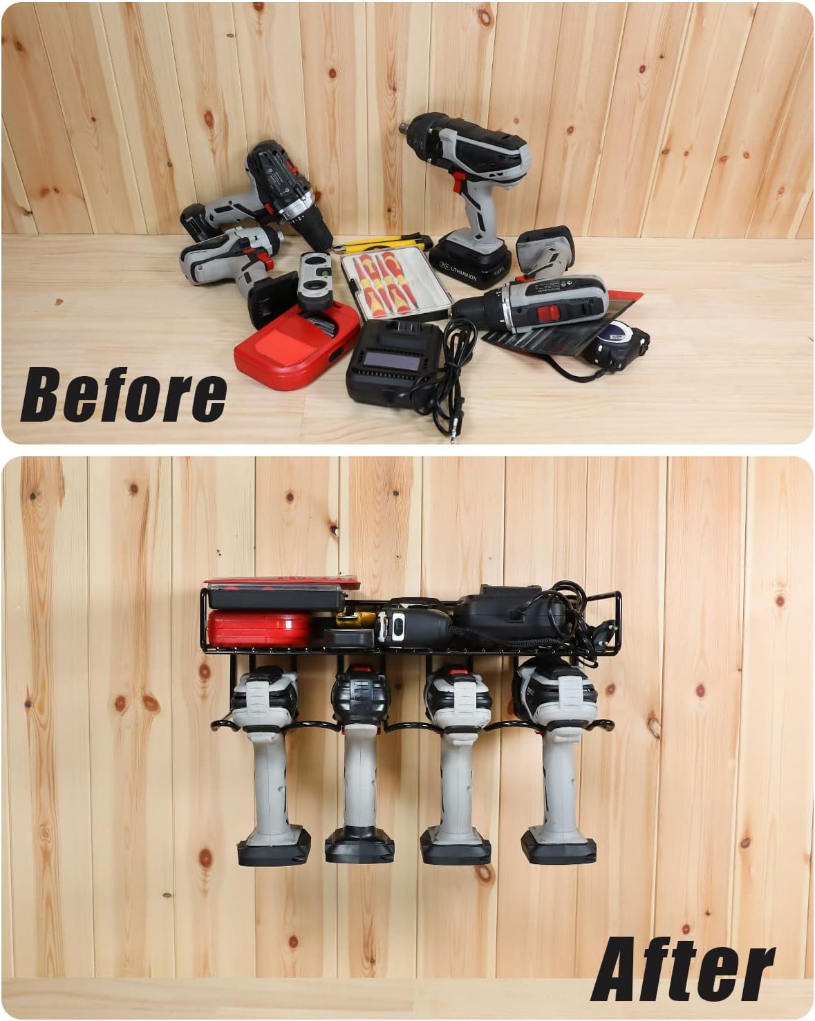 Heavy Duty Tool Organizer, 16"W x 7.48"H x 5.51"D, 4 Wall Mount Anchors, 3.95" Between Slots, Sturdy Steel Construction, Ideal for Power Tools