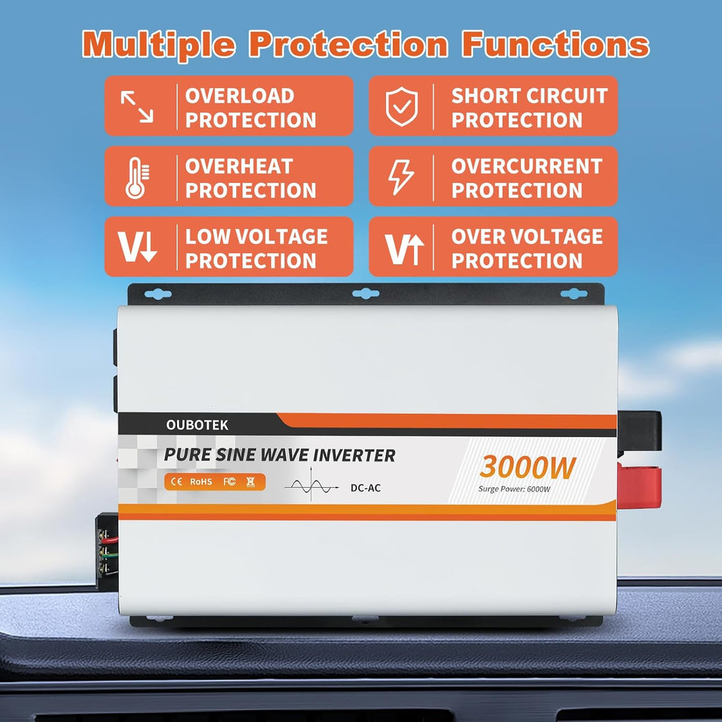 3000 Watt Pure Sine Wave Inverter, DC 12V to AC 120V with LCD Display, Remote Control, USB Port, 4 AC Outlets, and Terminal Block for RV Boat Camping Solar System and Home Use