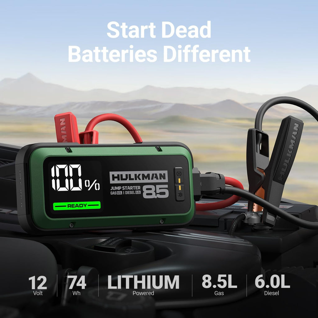 Hulkman Alpha85,Midnight Green,2000A 74Wh Smart Jump Starter,12V Portable Car Battery Booster with 3.3" Display,USB-C Power Pack,Includes 65W Wall Charger,Jumper Cables for up to 8.5L Gas/6.0L Diesel