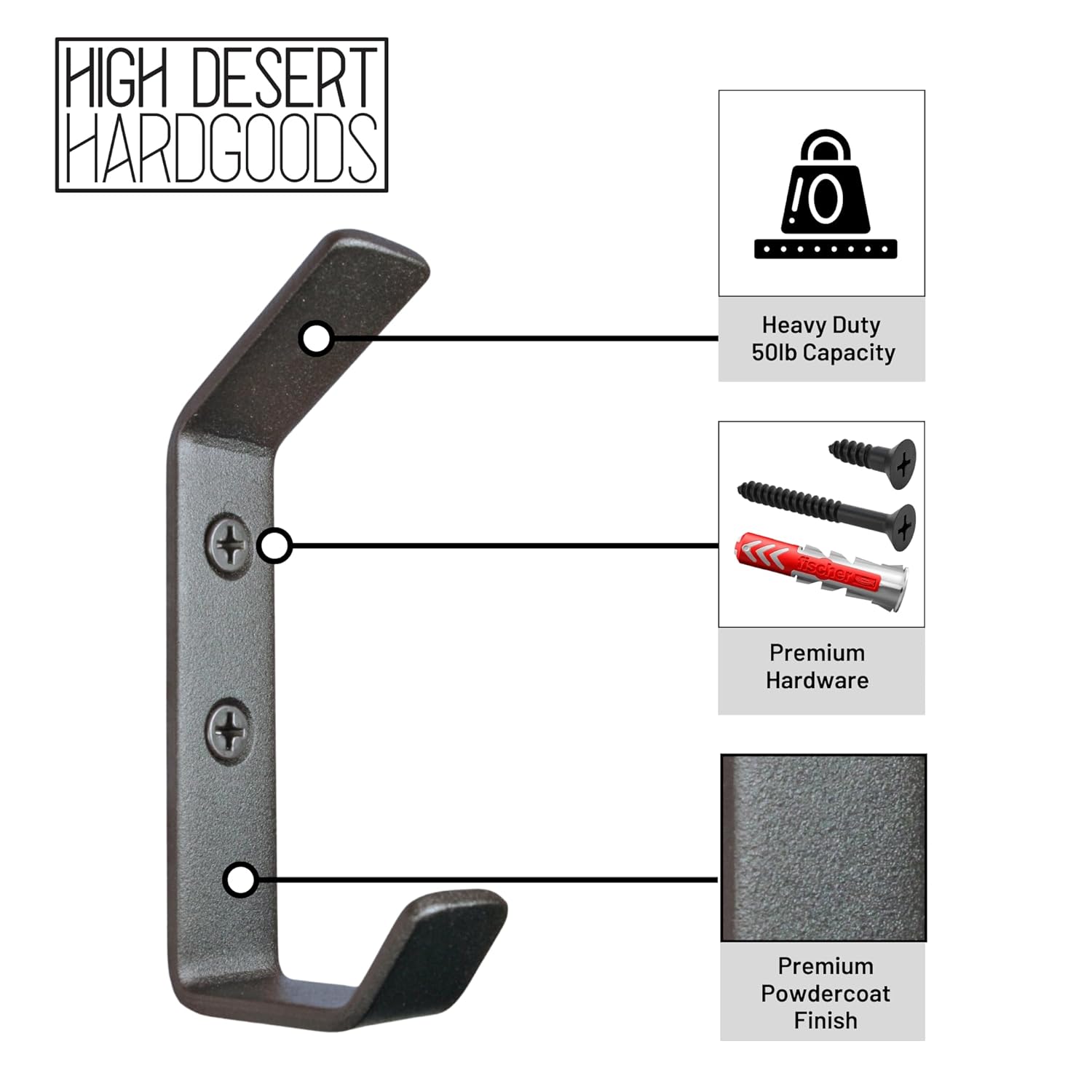 Wall Hooks Single Hook 4-Pack - Made in USA - 50 lb Capacity Stel Coat Hooks, Powder Coated Metal Wall Mount Hooks for Entryway, Garage, Bathroom.