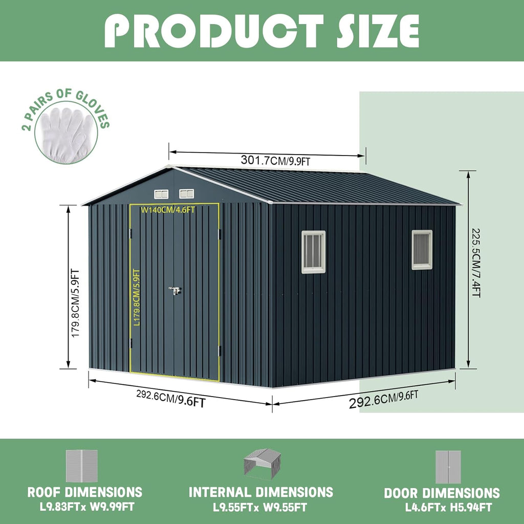Breezz Outdoor Storage Shed 10X10FT. Utility Tool Shed Metal Storage Garden Shed with Lockable Doors, Windows & Metal Frame Floor for Patio Storage, Nightblue