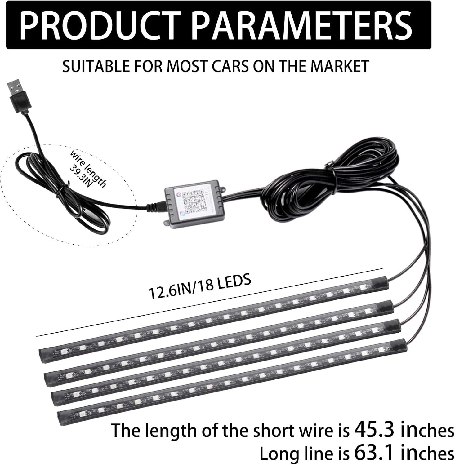 Smart USB Interior Car LED Strip Light with App Control,RGB Neon Atmosphere Lights, USB 5V Ambient Night Light Decorative Lamp, Multi Color Strip Light for Cars with Music and DIY Mode (RGB 72LEDs)