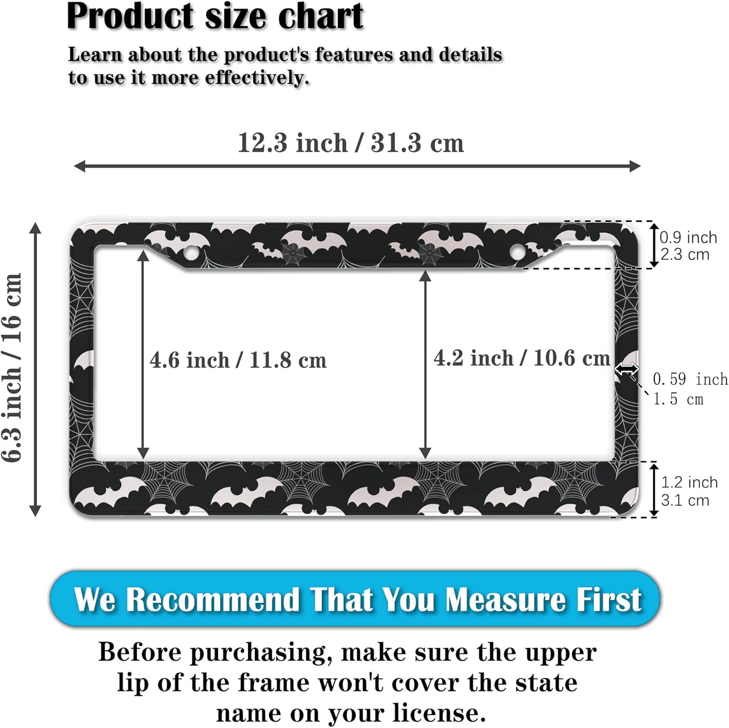License Plate Frame Black and White License Plate Holder Spider Web Bat Universal Aluminum Car Accessory 2 Pack with Screw Covers Set