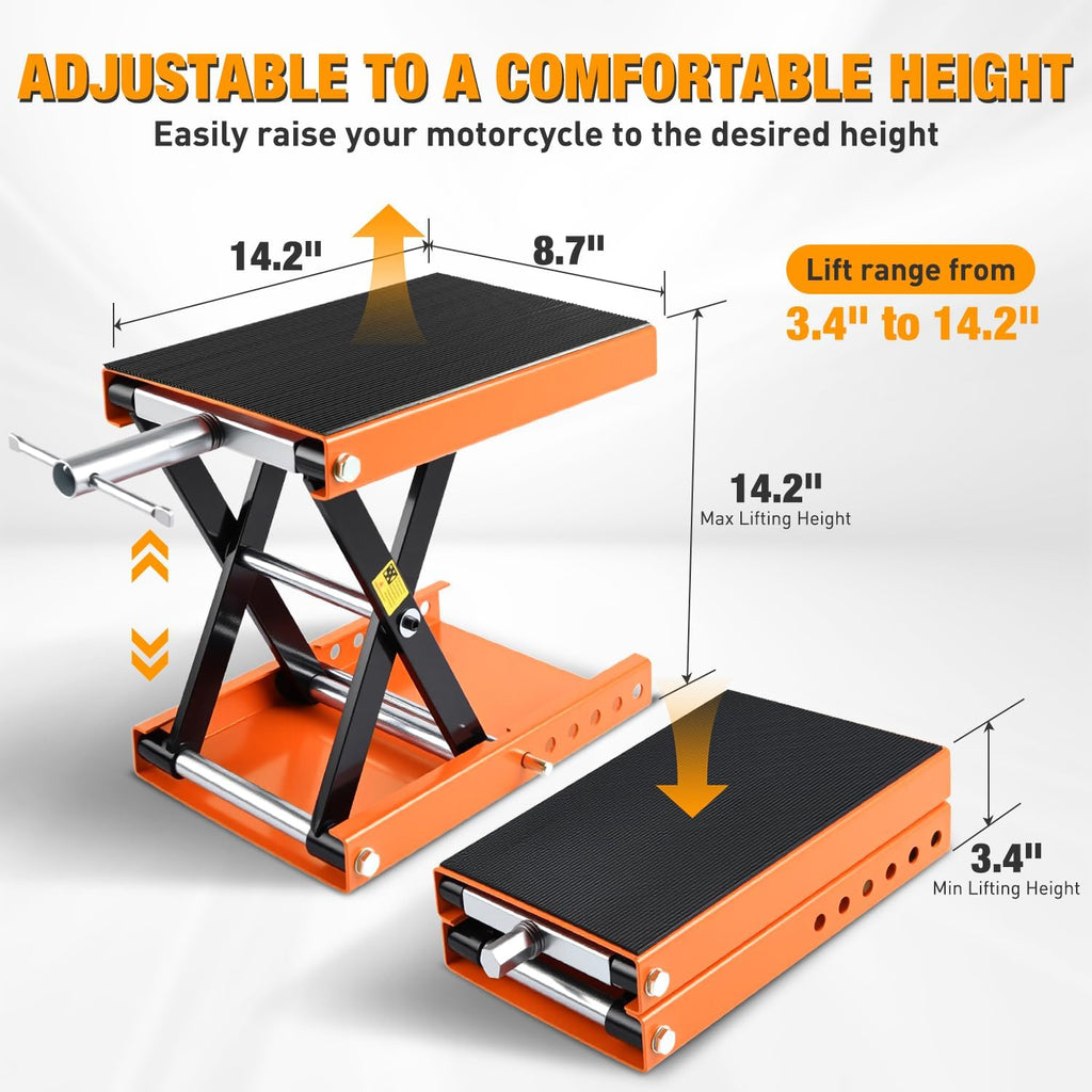 Nilight Motorcycle Lift Jack 1100 LBS Scissor Jacks Stand Lift with Wide Deck Safety Pin Handle 3.4"-14.2" Height Adjustable Hoist Stand Garage Repair Lifter for Motorcycles ATV Dirt Bike, Orange