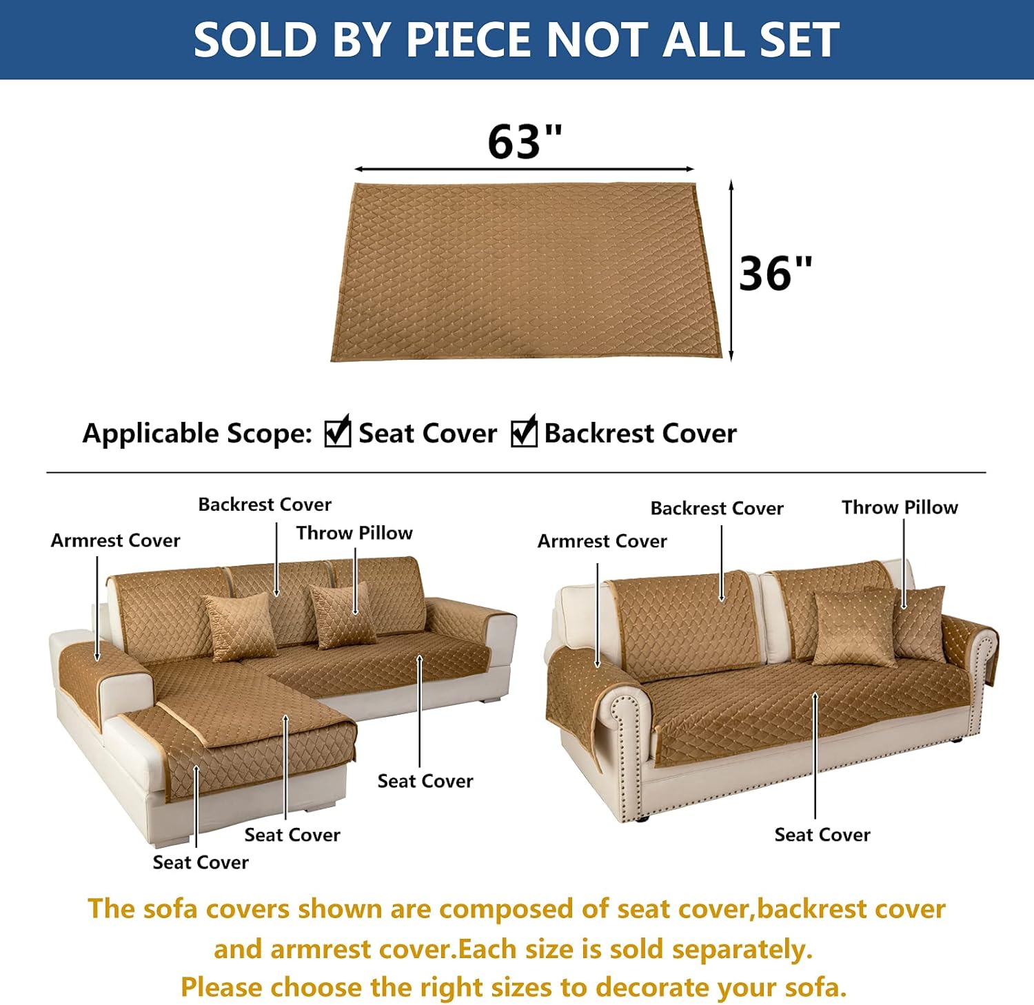 Eismodra Couch Cover,Sectional Couch Covers,Sofa Covers for 3 Cushion Couch,Anti-Slip Sofa Slipcovers for Dogs Cats Kids Loveseat Recliner L Shaped Armrest Backrest,Coffee 36''x63''(Only 1 Piece)