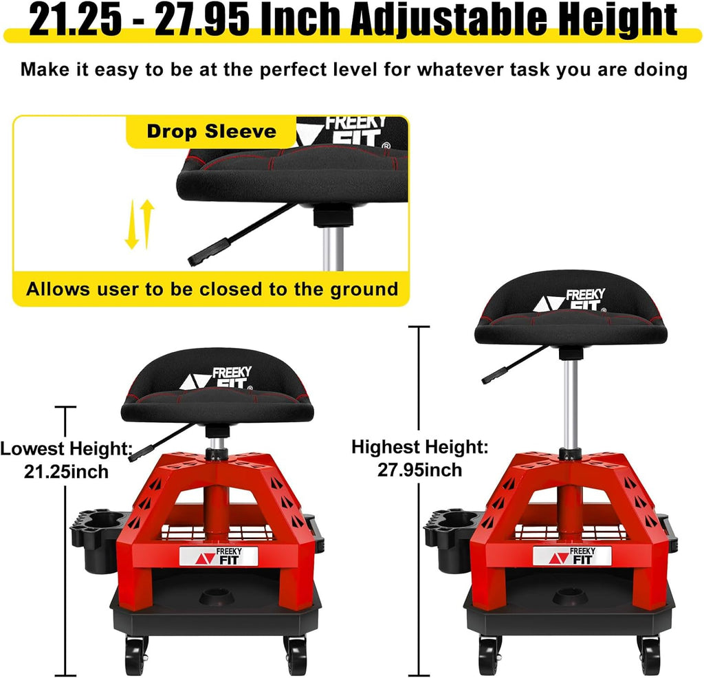 Rolling Shop Stool for Garage with Casters, DO02-Adjustable Height 360° Swivel Shop Seat with Tool Tray Storage, 330 LBS Capacity Padded Mechanic Stool, Magnetic Tool Hold, Heavy Duty, Red