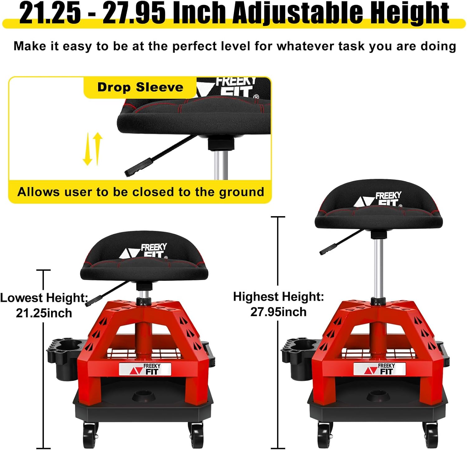 Rolling Shop Stool for Garage with Casters, DO02-Adjustable Height 360° Swivel Shop Seat with Tool Tray Storage, 330 LBS Capacity Padded Mechanic Stool, Magnetic Tool Hold, Heavy Duty, Red