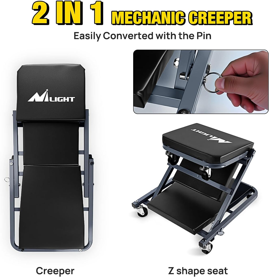 Nilight 36" Z Creeper - 2-in-1 Folding Rolling Mechanic Seat, 36 inches Adjustable Lay-Down or Sit Garage Chair, 300 lbs Capacity, Grey Black