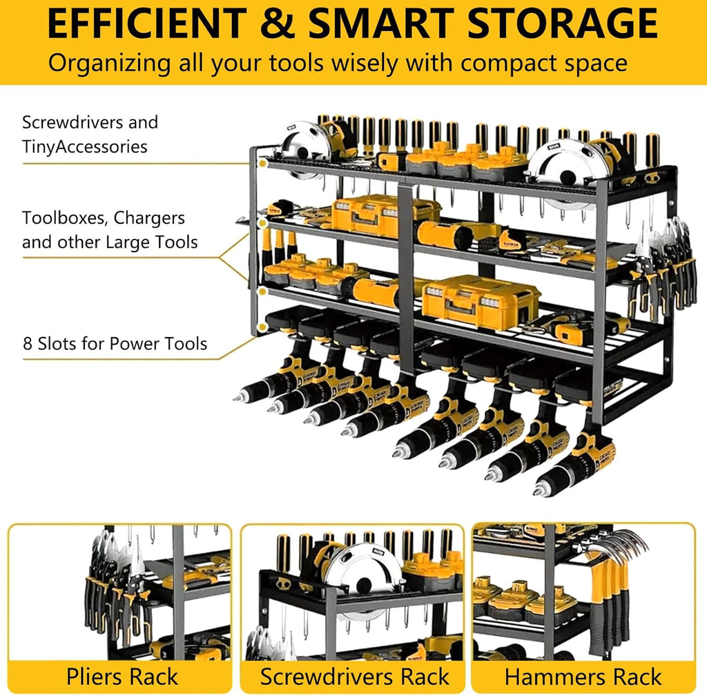 Power Tool Organizer Wall Mount：Heavy Duty Drill Holder Rack with 8 Slots, 4-Tier Metal Tool Shelf for Garage Storage, Workshop, DIY(32inch)