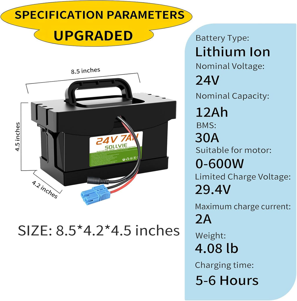 24V 7Ah/12Ah Lithium Battery for Dynacraft Realtree 24V UTV Ride- On Cars & Toys, with 2A Fast Charger