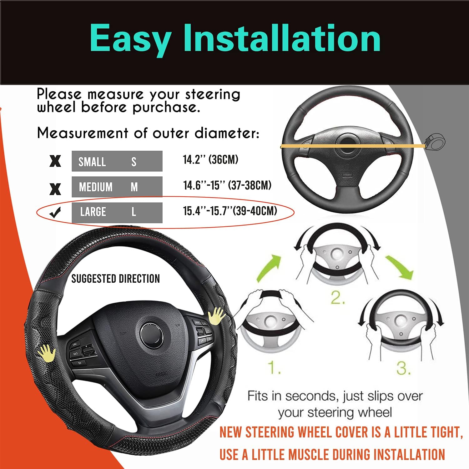 PINCTROT Large Size Steering Wheel Cover Great Grip with 3D Honeycomb Anti-Slip Design, 15.5-15.75 Inch (Black/Red Stitch)
