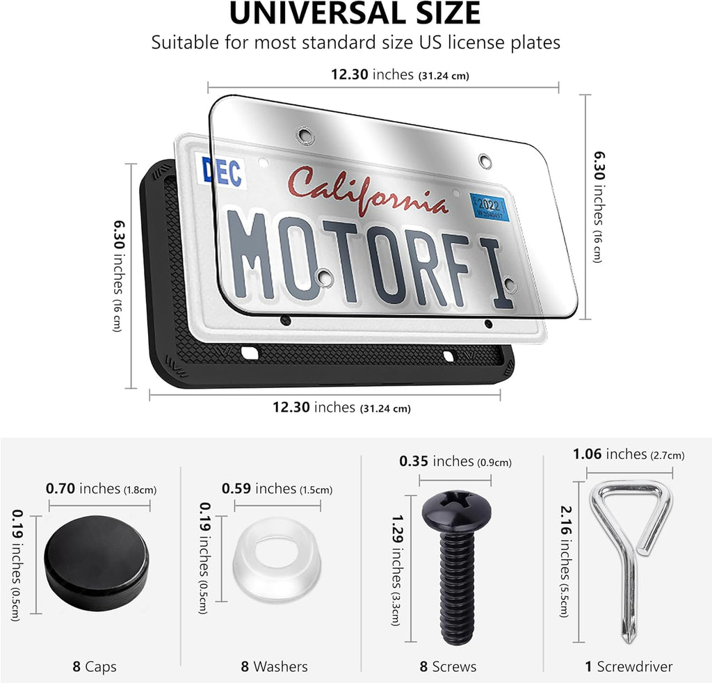 2 Pcs Silicone License Plate Frames with Polycarbonate Covers, Rust-Proof, Weather-Resistant, Easy Installation, Premium License Plate Protector for Cars with 2 Drainage Holes