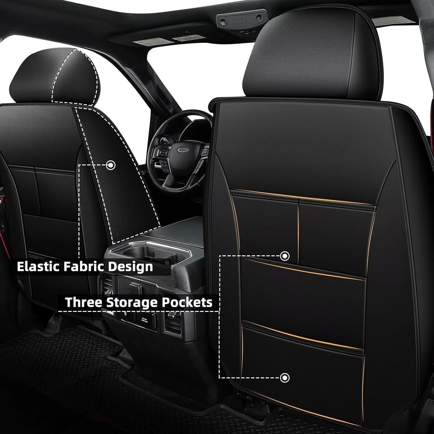 AOMSAZTO Ford Ranger Seat Covers: Front Seat Covers Custom Fit 2019 2020 2021 2022 2023 2024 Ford Ranger Breathable Waterproof Leather Seat Protector(2 Front Seats, Black)