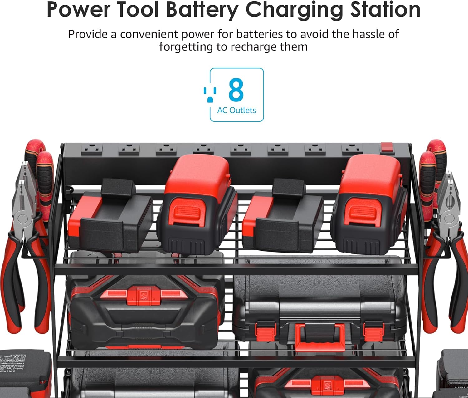 CCCEI Garage Tools Storage with Charging Station. Power Tool Battery Organizer Utility Shelf with Power Strip. 4 Drills Holder Wall Mount Rack, Black 3 Layer.