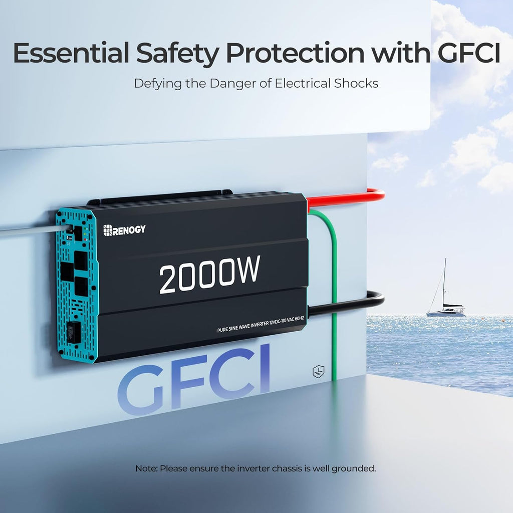 Renogy Inverter P2 2000W Pure Sine Wave Inverter 12V DC to 110V AC Converter, Off-Grid Solar Power Inverters for Vehicles, Truck, RV, Home, with Built-in 5V/2.1A USB / Hardwire Port, Remote Controller
