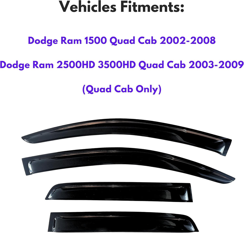 KPY Window Visor Rain Guard for 2002-2008 Dodge Ram 1500 Quad Cab, Tape-On Window Deflectors Vent Visor Shades for 03-09 Dodge Ram 2500 3500, 2002 2003 2004 2005 2006 2007 2008 (Quad/Extended Cab)