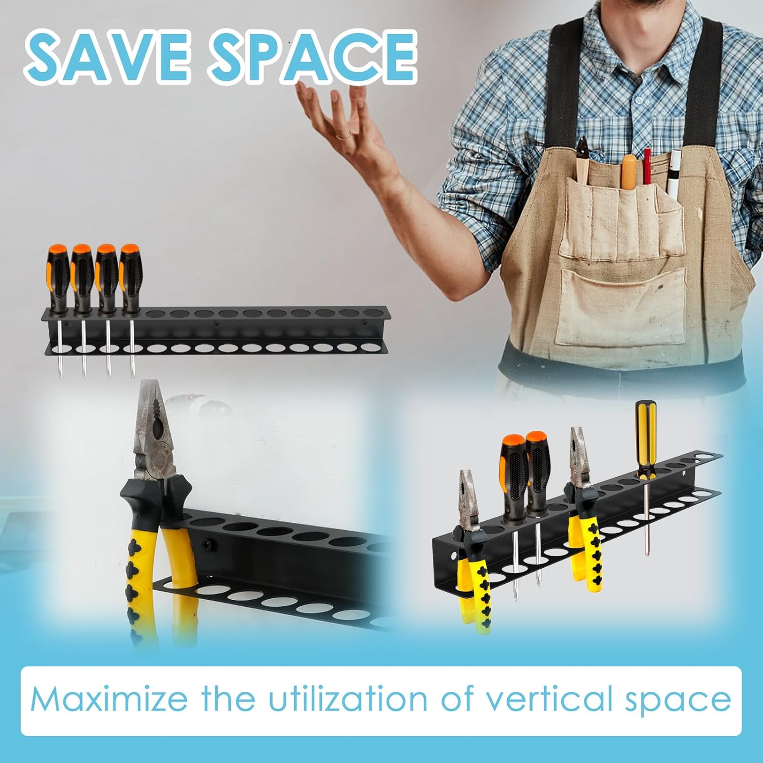Screwdriver Organizer Wall Mount with 14 Holes, Metal Plier Holder, Utility Tool Holder Organizers and Storage Rack for Garage, Workshop,Workbench,Tool Chest Cart