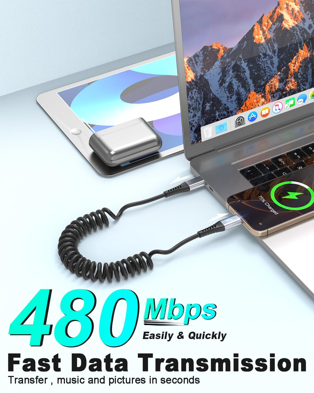Coiled USB C to USB C Cable, 2 Pack Retractable USB Type C Charging Cable 60W USB C to C Coiled Cord for iPhone 16 15 Pro, Samsung Galaxy S25 S24 Ultra / A16, Moto G, Google Pixel, iPad Air 4