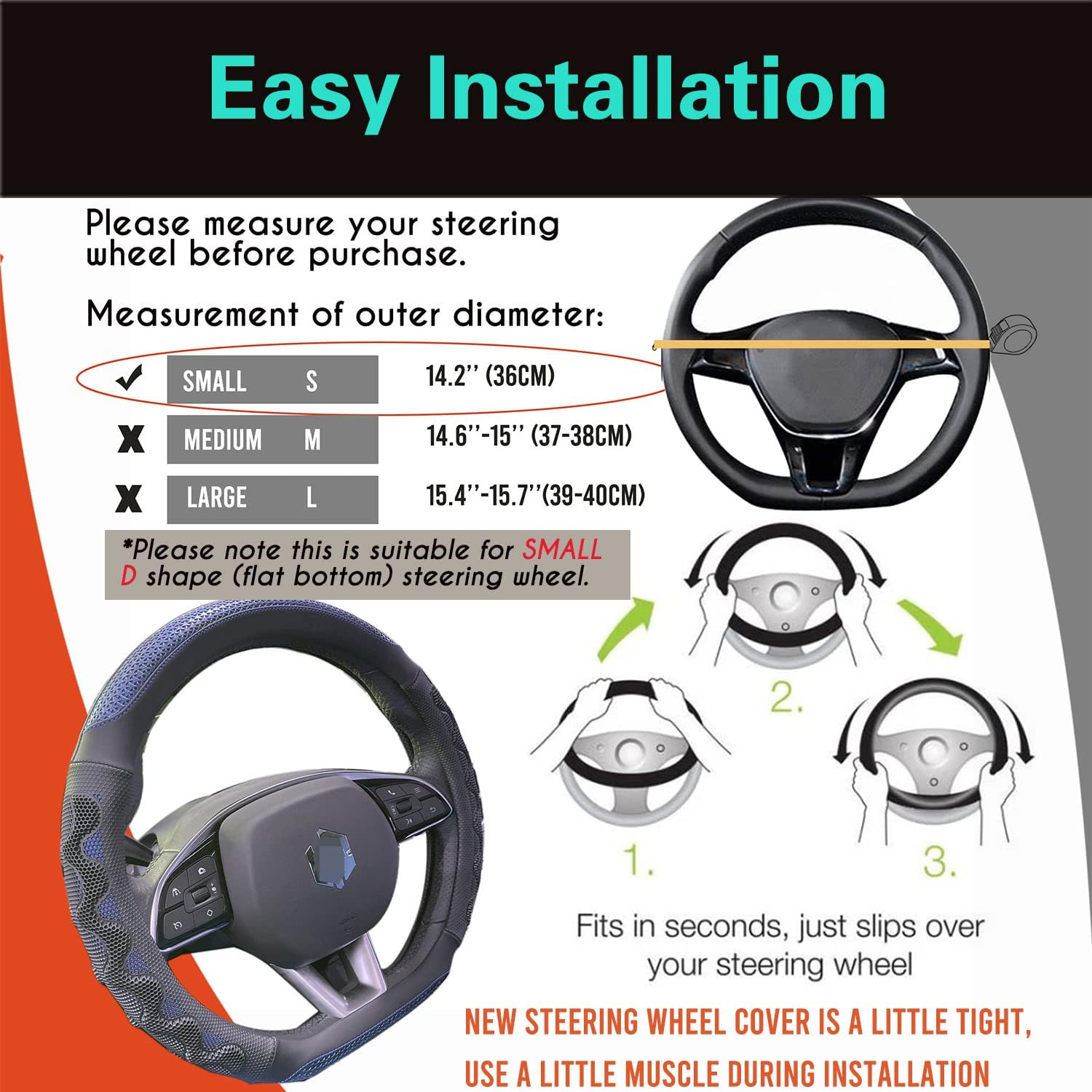 PINCTROT D Shaped 14 Inch Small Sized Steering Wheel Cover Great Grip with 3D Honeycomb Anti-Slip Design, Flat Bottom 14 Inch (Blue)