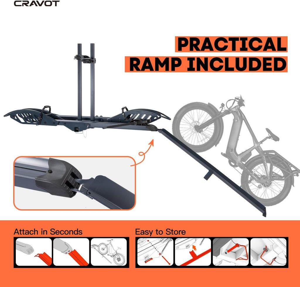 CyberRack E2 Hitch 2 E-Bike Rack with Ramp,200 lbs Capacity Electric Bike Carrier Foldable Platform Mount, Up to 5-inch Fat Tire Bicycle for 2'' Receiver Cars Trucks SUVs Minivans RV, Trailer