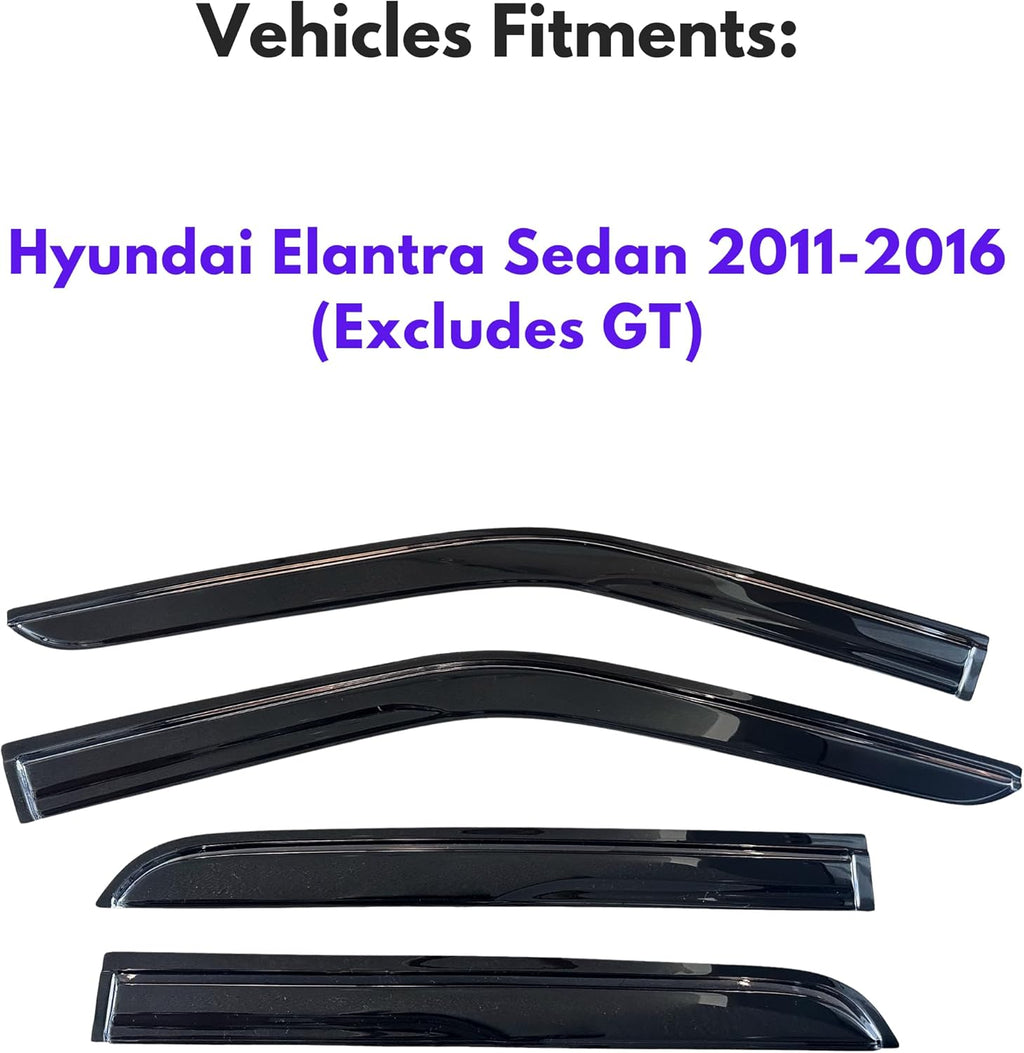 KPY Window Visor Compatible with Hyundai Elantra Sedan 2011-2016 (Excludes GT), 4PC Rain Guard Side Window Vent Deflectors Tape-On Mugen Style, 2011 2012 2013 2014 2015 2016