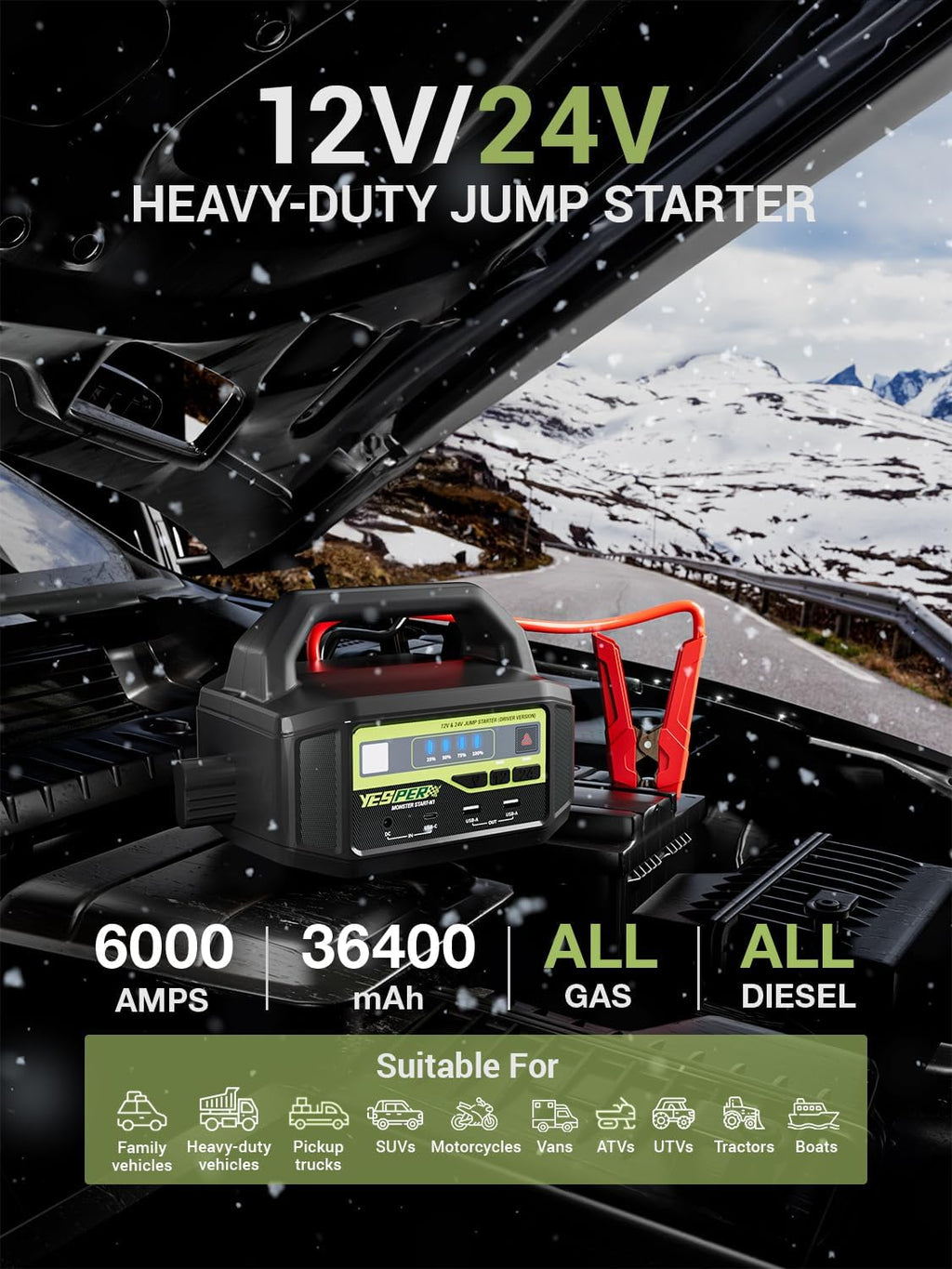 YESPER 12V/24V Car Jump Starter, 6000A Peak 5.1 lbs Portable Jump Starter Battery Pack Quick Charge with AC Adapter 36400mAh Battery Booster Pack (Up to All Gas/Diesel Engine) Jumper Box