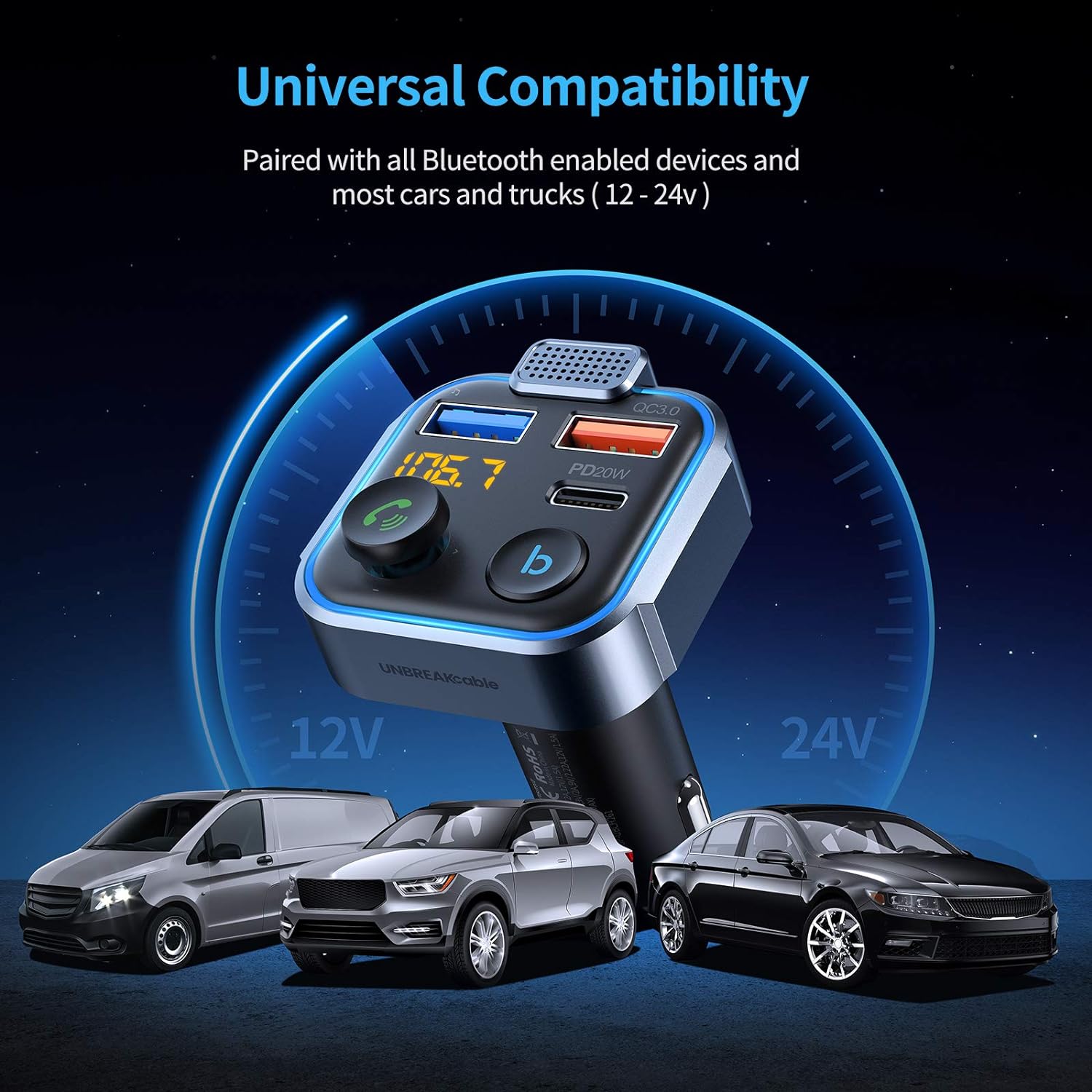 UNBREAKcable Bluetooth 5.3 FM Transmitter for Car, [PD 20W + QC 3.0] [Stronger Microphone & HiFi Bass Sound] Cigarette Lighter Radio Music Adapter Charger, Supports Hands-Free Siri Google Assistant