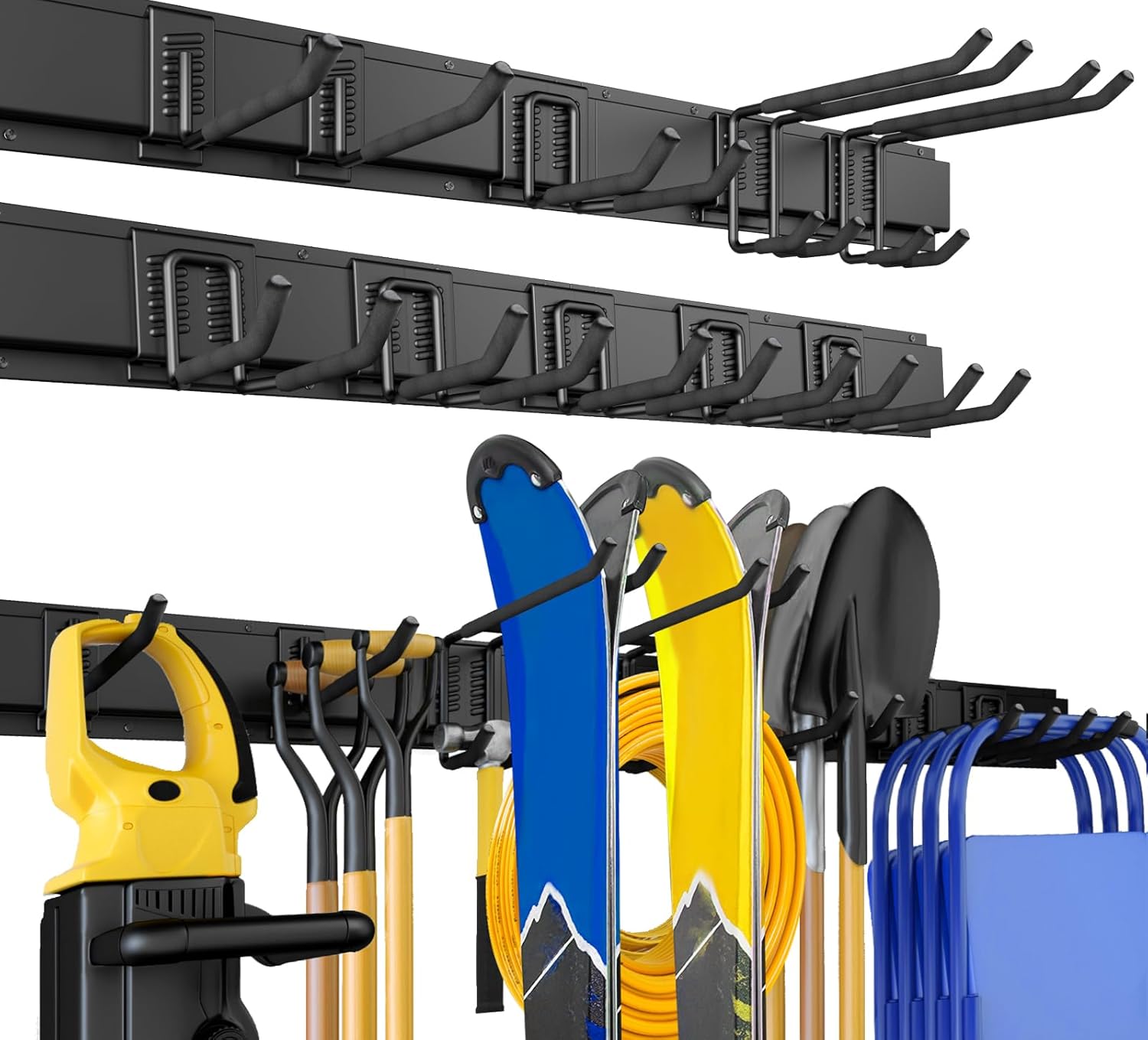 64 Inches Garage Storage, Garage Organization, Wall Mount Garden Tool Organizer, Max 620lbs Adjustable Metal Hooks, Yard Shed Rack, Tool Holder for Hanging Rake Broom Mop Snowboard, Home Gift