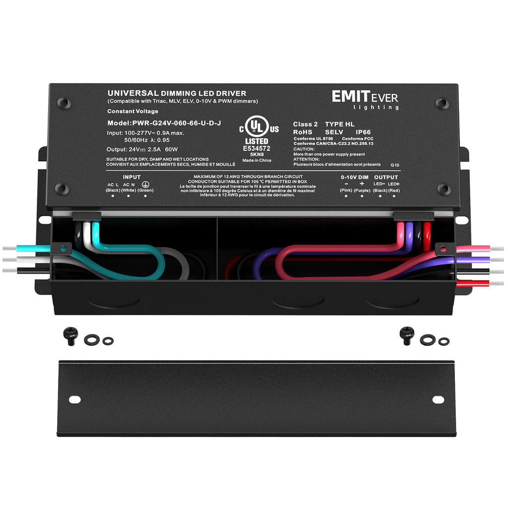 EMITEVER 60W Dimmable LED Driver, 24V Triac Dimmable Power Supply, AC to DC Transformer for LED Light, Compatible with Lutron and Leviton Dimmer, Waterproof IP67 and UL Listed, Class 2