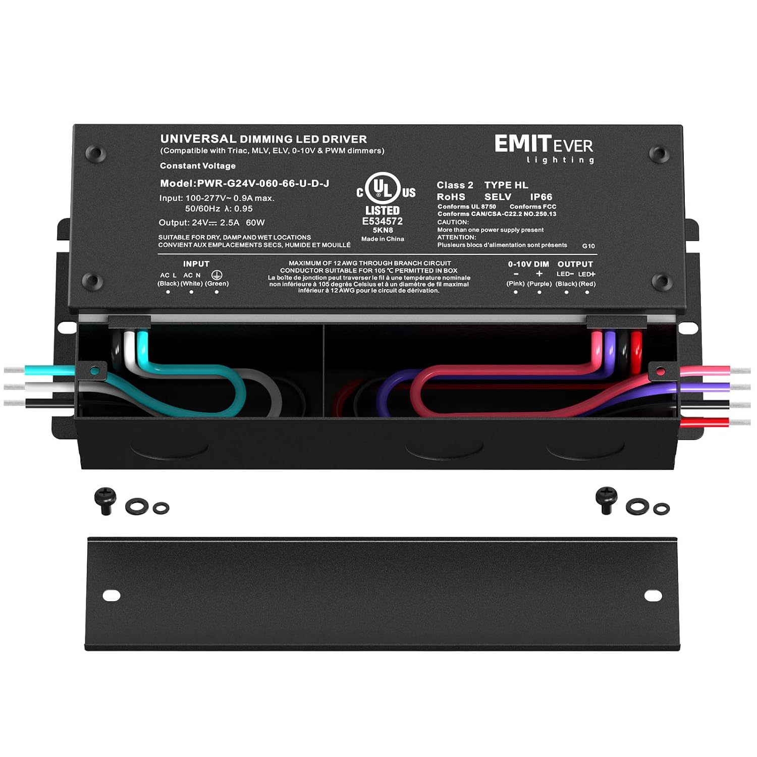 EMITEVER 60W Dimmable LED Driver, 24V Triac Dimmable Power Supply, AC to DC Transformer for LED Light, Compatible with Lutron and Leviton Dimmer, Waterproof IP67 and UL Listed, Class 2