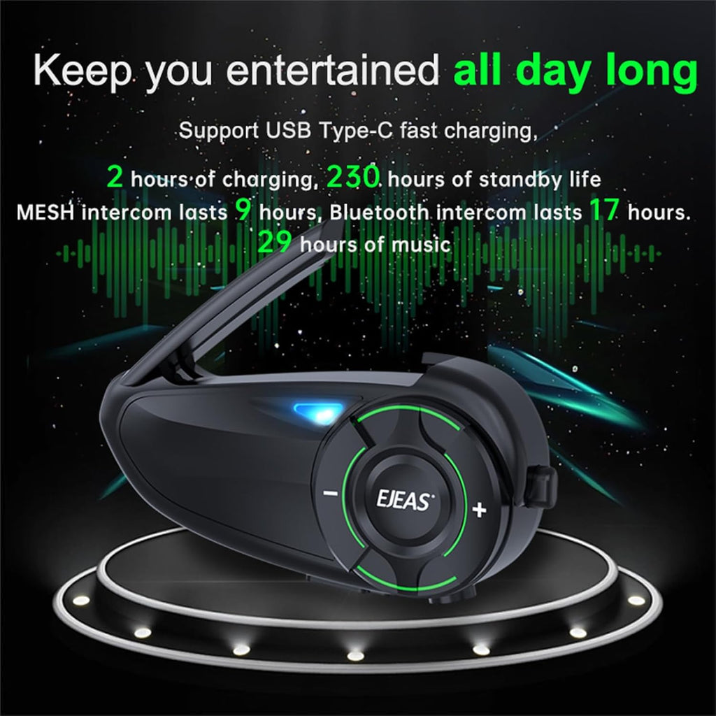 Q8 Motorcycle Helmet Bluetooth Intercom Headset, 230hours Standby, 6 Riders Mesh Communication Systems with Audio Multitasking, Music Sharing, Noise Cancellation, FM Radio, Loud Interphone -1 Pack