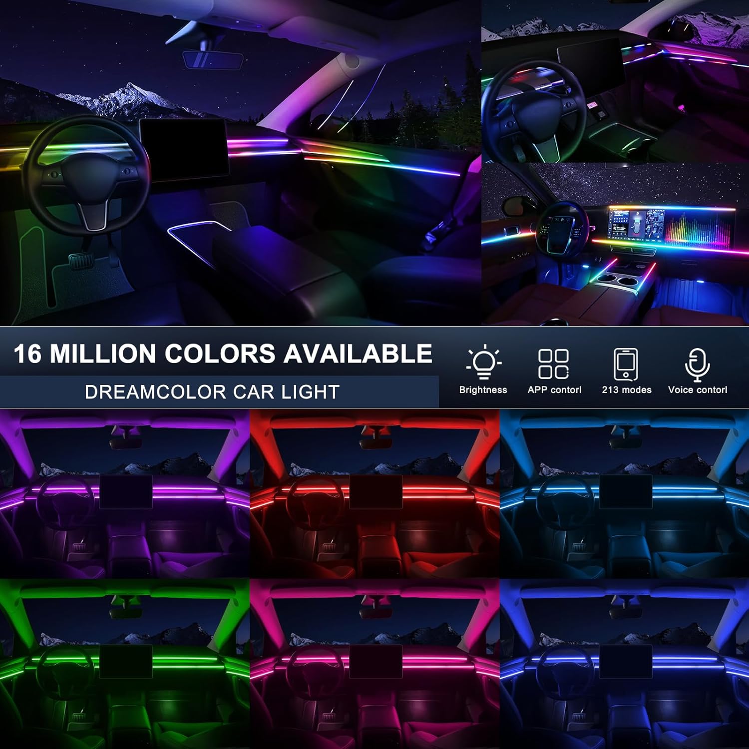 Dreamcolor Acrylic Interior Car LED Strip Light with Wireless APP, RGB 18 in 1 with 175 inches 600 LEDs Fiber Optic Car Ambient Lighting Kits, Dual Zone Sound Active Function LED Strip for Car