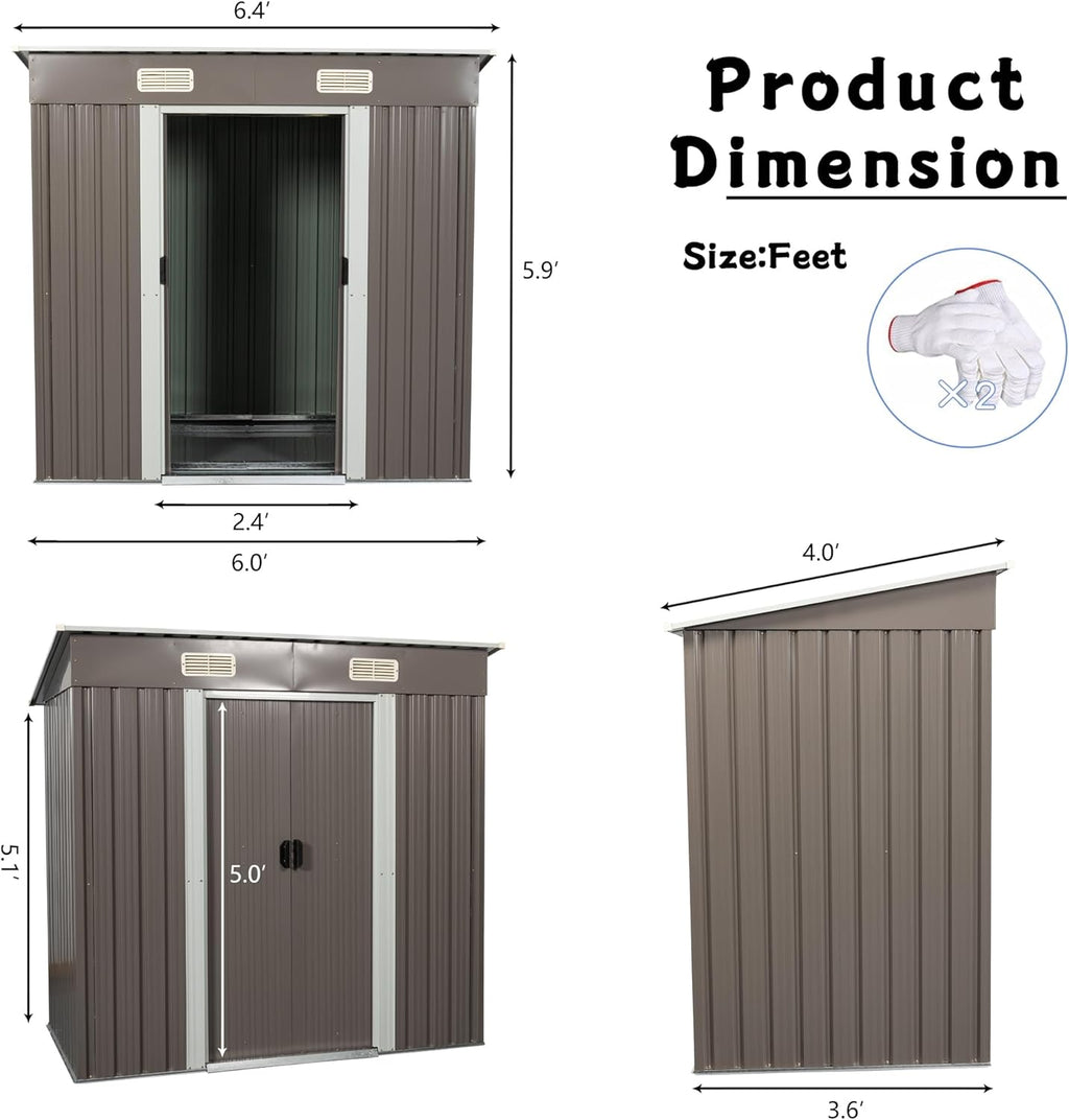 6 x 4 FT Outdoor Storage Shed,Metal Anti-Corrosion Utility Tool House with Punched Vents, w/Sliding Doors & Padlock,Waterproof Garden Sheds for Backyard Lawn Patio,Grey