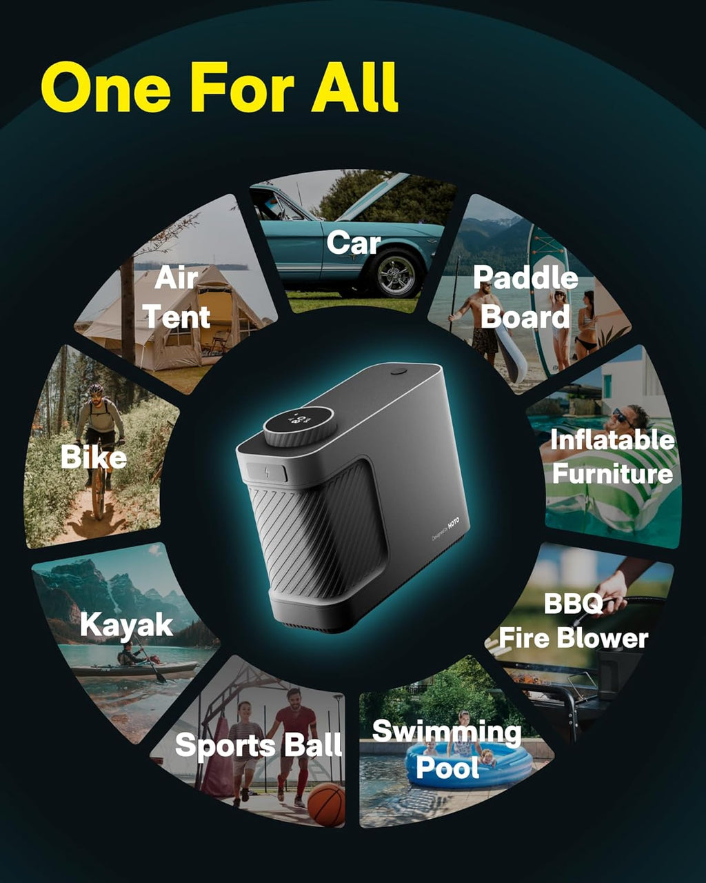 HOTO Air Pump Master, Portable Cordless Tire Inflator, Electric Air Pump with 9 Pump Modes, 12V DC Car Connector for Car, Bikes, Inflatable Pool Float, Air Mattress, Kayak, Tent, Paddle Board, Sup