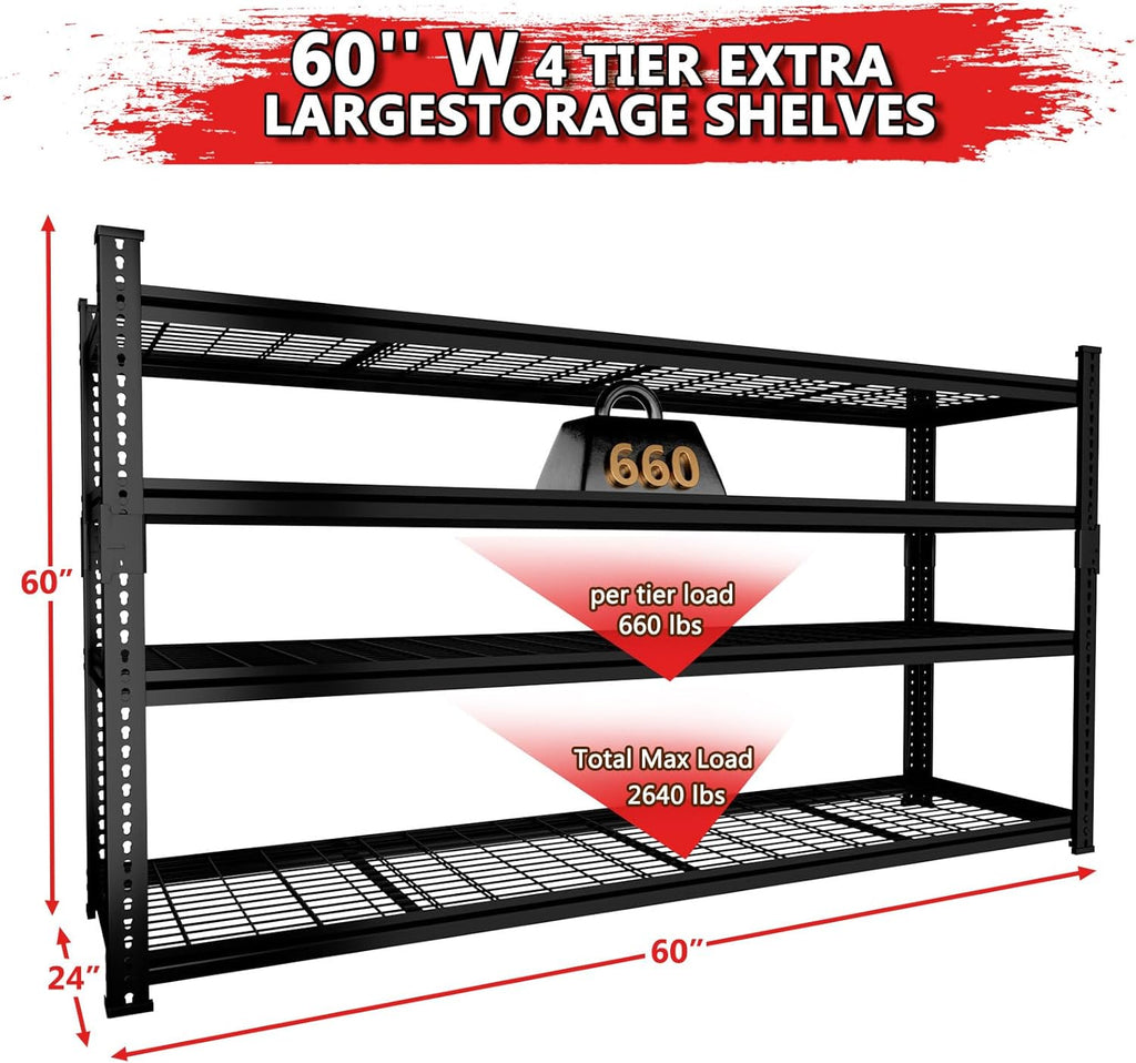 Storage Shelves 4PCS, Garage Shelving Heavy Duty 2640LBS Capacity, 60"L x 24"W x 60"H Adjustable Metal Shelving Organizer Wire Rack, 4 Tier Utility Shelf Unit for Pantry Closet Warehouse Organization