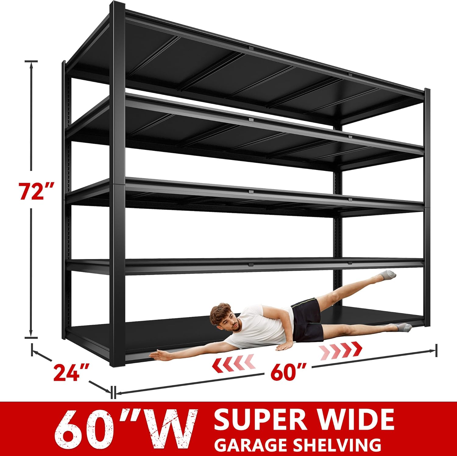 REIBII 60" W Garage Shelving Heavy Duty 3000LBS Storage Shelves Heavy Duty Shelving, 5 Tier Metal Shelves, Adjustable Commercial Shelf, Easy Assembly, 60" W x 24" D x 72" H, 2 Pack