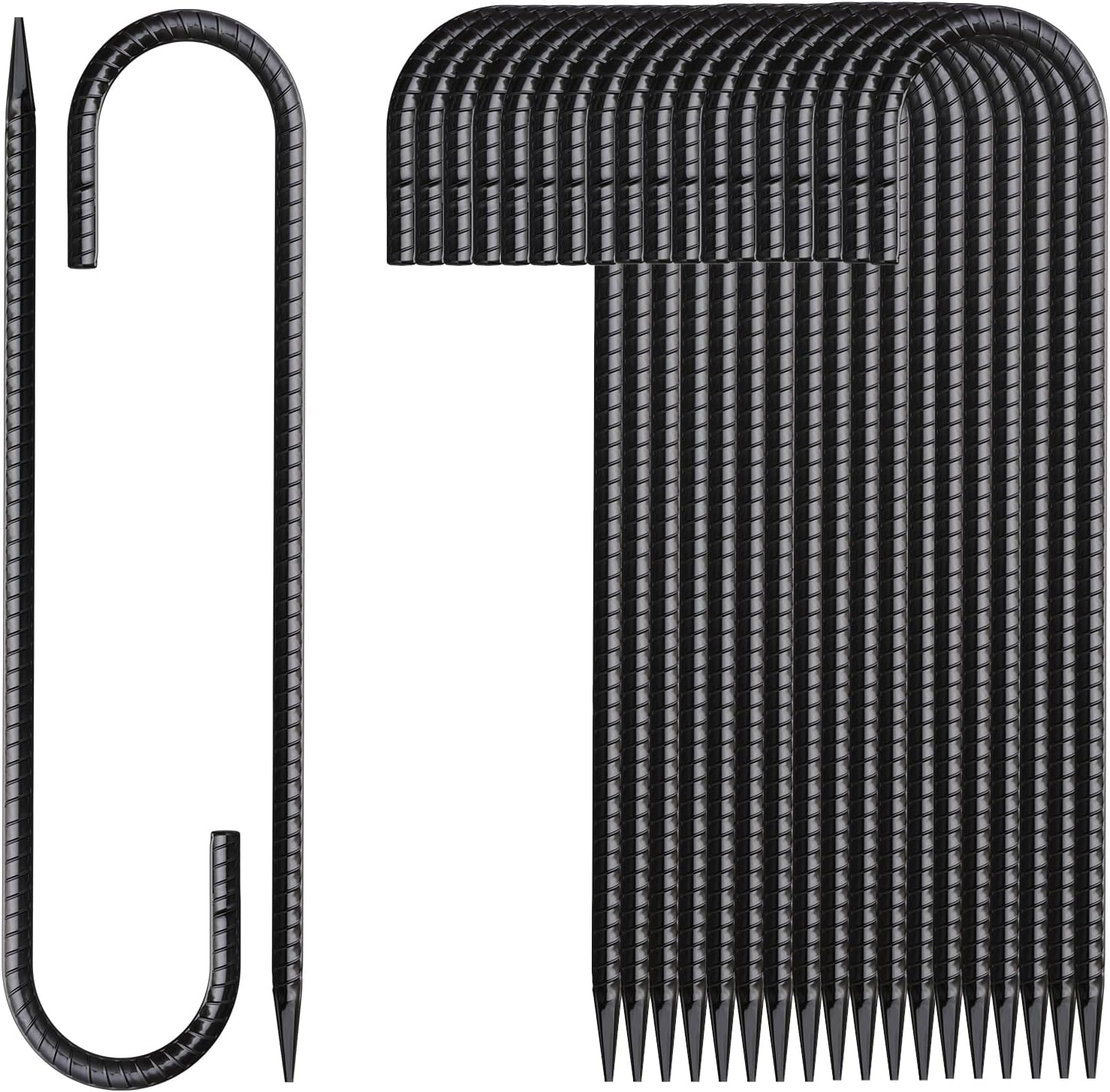 Rebar Stakes 16 Inch 20 Pack J Hook Ground Stakes Heavy Duty Tent Stakes Chain Link Fence Stakes with Chisel Point End Galvanized Steel Ground Anchors Metal Spikes Black Coated