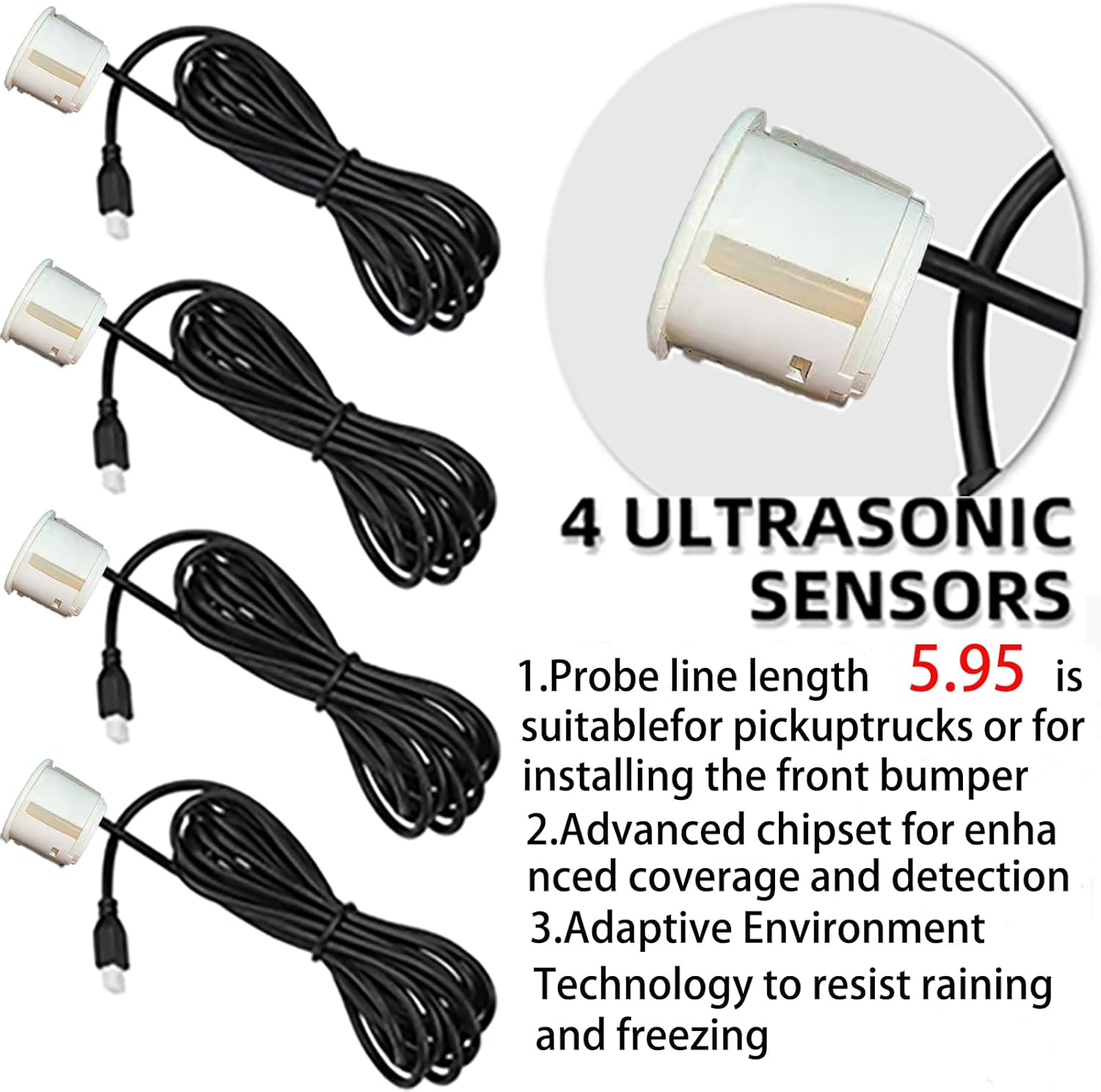 Pickup Truck Backup Radar System - Four 5.95m Sensors for Rear Installation, Compatible with Front Bumper Mounting - Enhance Safety & Visibility（White）