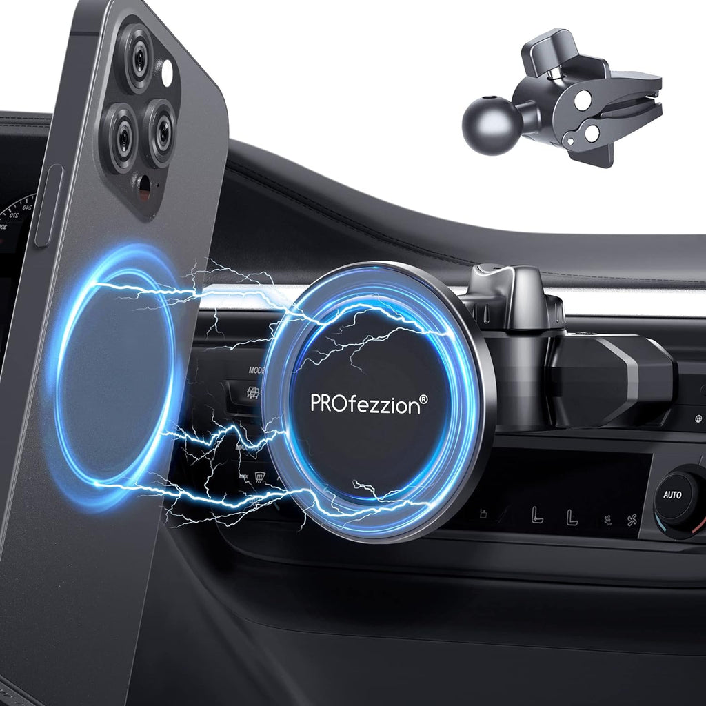 PROfezzion CD Slot & Vent Clip Combo Magnetic Phone Holder Compatible with MagSafe on Car CD Player Slot or Air Vent for iPhone 16 15 14 13 12 Pro Max Plus, Mag-Safe Case & All Phones