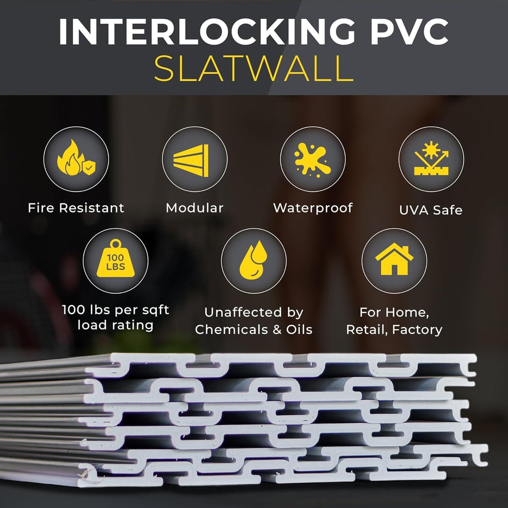 Slatwall Panel Garage Wall Organizer: Heavy Duty Wall Mounted PVC Wall Rack, Interlocking Slat Wall Paneling for Garage Wall Storage, Slatwall Board, Slatwall Shelves System -Black (4’H x 8’W)